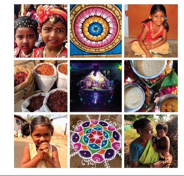A Christmas card with nine different colourful scenes from RTU in India, including a nativity scene in the middle, photos of children, kolams etc.
